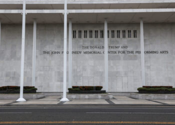 The facade of the recently renamed Donald J. Trump and John F. Kennedy Memorial Center for the Performing Arts, in Washing...