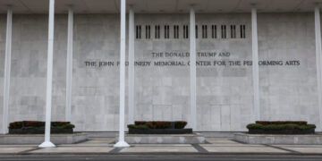 The facade of the recently renamed Donald J. Trump and John F. Kennedy Memorial Center for the Performing Arts, in Washing...