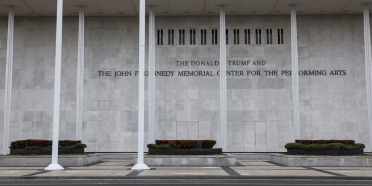 The facade of the recently renamed Donald J. Trump and John F. Kennedy Memorial Center for the Performing Arts, in Washing...