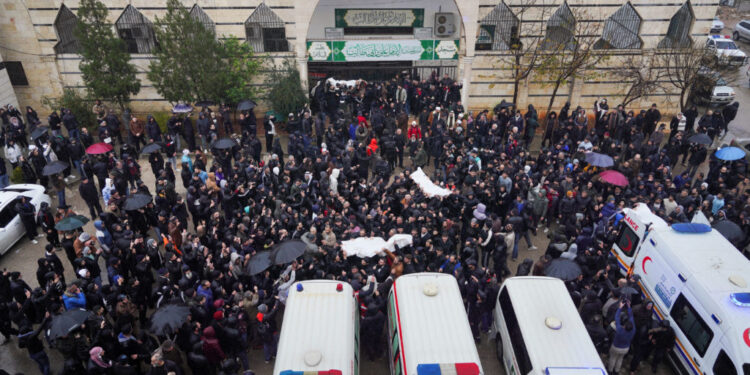 Funeral of several people who were killed in an explosion at a mosque of the Alawite minority sect yesterday, Syrian state...