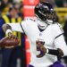 Baltimore Ravens quarterback Tyler Huntley (5) looks to throw against the Green Bay Packers during the first half of an NFL football game, Saturday, Dec. 27, 2025, in Green Bay, Wis. (AP Photo/Mike Roemer)
