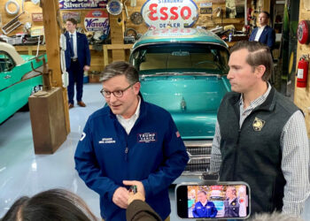 U.S. House Speaker Mike Johnson takes questions from reporters alongside District 7 Republican nominee Matt Van Epps in Na...
