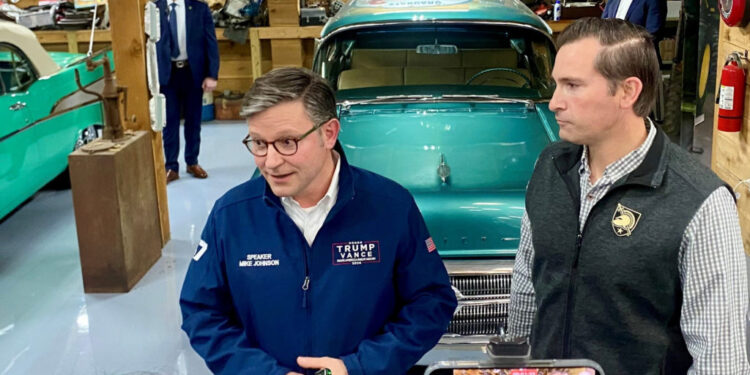 U.S. House Speaker Mike Johnson takes questions from reporters alongside District 7 Republican nominee Matt Van Epps in Na...