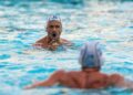 Frederico Jucá Carsalade points in excitement during UCLA's win over USC in the the men's water polo championship on Sunday at the Avery Aquatic Center in Stanford, CA on Friday, Dec. 7, 2025.  (Ross Turteltaub, UCLA Athletics)