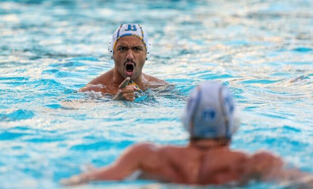 Frederico Jucá Carsalade points in excitement during UCLA's win over USC in the the men's water polo championship on Sunday at the Avery Aquatic Center in Stanford, CA on Friday, Dec. 7, 2025.  (Ross Turteltaub, UCLA Athletics)