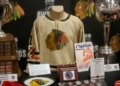 A jersey worn by goaltender Glenn Hall in the late 1950s sits on display at the Blackhawks Convention on July 16, 2016 at the Hilton Chicago. (Michael Tercha/Chicago Tribune)