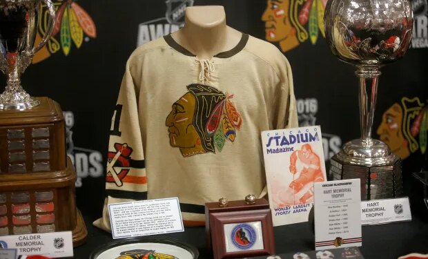 A jersey worn by goaltender Glenn Hall in the late 1950s sits on display at the Blackhawks Convention on July 16, 2016 at the Hilton Chicago. (Michael Tercha/Chicago Tribune)