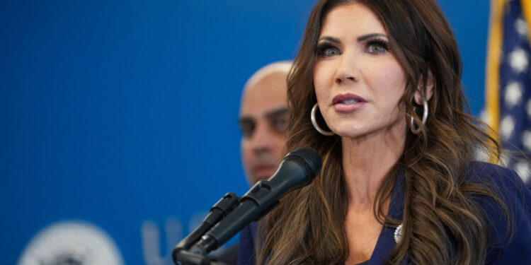 U.S. Homeland Security Secretary Kristi Noem speaks during a press conference, in New York City