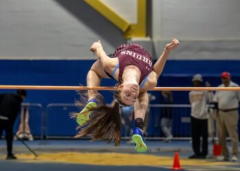 Junior Sedona Clarke, Broadneck, during her high jump attempt which helped her tie for third overall in the event. AACPS Track and FIeld Championships at Prince George's Sports and Learning Complex in Landover, Maryland. (Emma Kappel/Freelance)