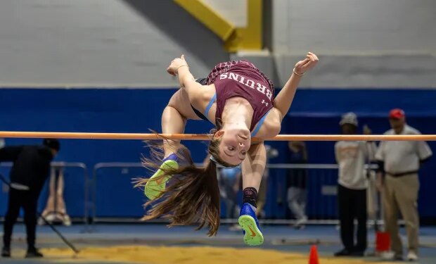 Junior Sedona Clarke, Broadneck, during her high jump attempt which helped her tie for third overall in the event. AACPS Track and FIeld Championships at Prince George's Sports and Learning Complex in Landover, Maryland. (Emma Kappel/Freelance)
