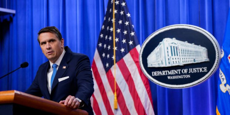 Deputy U.S. Attorney General Todd Blanche holds a press conference at the Justice Department in Washington