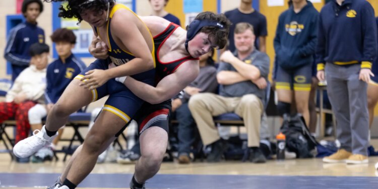 Dulaneyâs Roger Sacks pulls Biehmo Chai to the mat during...