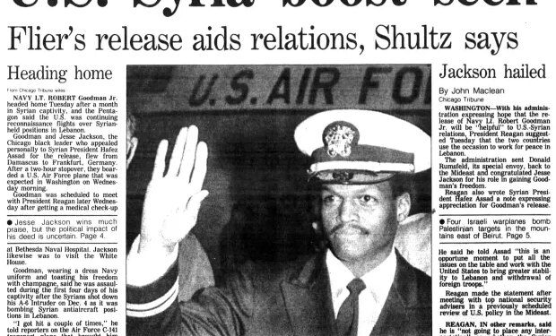 President Ronald Reagan said the release of Navy Lt. Robert Goodman Jr. on Jan. 3, 1984, would be "helpful" for U.S.-Syria relations and could unite the countries in working toward peace in Lebanon. (Chicago Tribune)