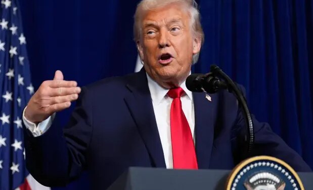 President Donald Trump speaks during a news conference with Israel's Prime Minister Benjamin Netanyahu at Mar-a-Lago, Monday, Dec. 29, 2025, in Palm Beach, Fla.