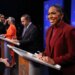 U.S. Senate contender Lt. Gov. Juliana Stratton (right) prepares alongside fellow contenders U.S. Reps. Robin Kelly (third from right) and Raja Krishnamoorthi (second from right), before their debate on Jan. 29, 2026, at WLS-Ch. 7. (Chris Sweda/Chicago Tribune)