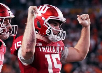 Indiana quarterback Fernando Mendoza celebrates after scoring against Miami during the second half of the College Football Playoff national championship game, Monday, Jan. 19, 2026, in Miami Gardens, Fla. (AP Photo/Marta Lavandier)