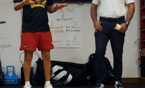 USC men's basketball coach Eric Musselman, left, invited former Trojans athlete Owen Hanson to speak to the team about his experience with sports gambling and the consequences of it. (Courtesy Owen Hanson)