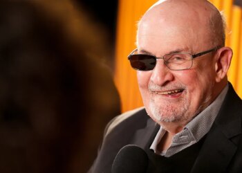 Salman Rushdie speaks during an interview at the Sundance Film Festival.
