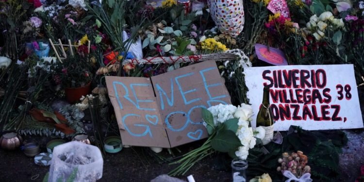 Makeshift memorial near the site of the fatal shooting of Renee Nicole Good by a U.S. Immigration and Customs Enforcement ...