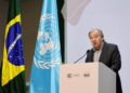 United Nations Secretary-General Antonio Guterres attends a press conference, during COP30 in Belem