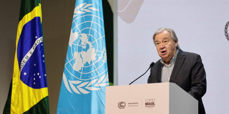 United Nations Secretary-General Antonio Guterres attends a press conference, during COP30 in Belem