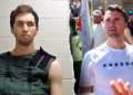 A split image showing Charlie Kirk in a "Freedom" T-Shirt at a UVU campus event and his suspected assassin Tyler Robinson wearing an anti-suicide vest during a court appearance