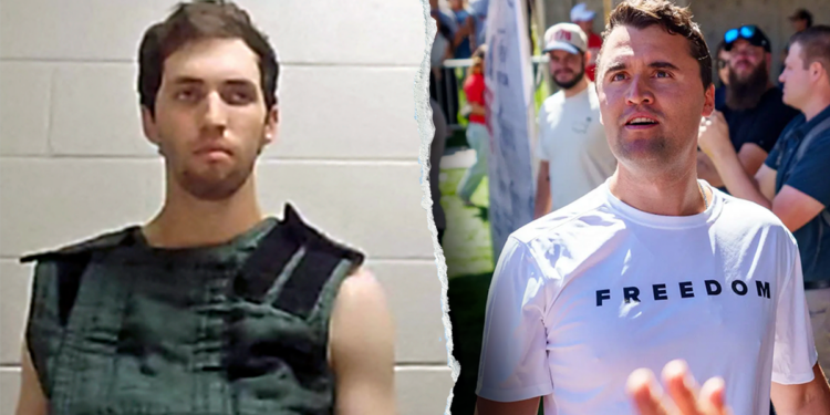 A split image showing Charlie Kirk in a "Freedom" T-Shirt at a UVU campus event and his suspected assassin Tyler Robinson wearing an anti-suicide vest during a court appearance