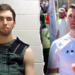 A split image showing Charlie Kirk in a "Freedom" T-Shirt at a UVU campus event and his suspected assassin Tyler Robinson wearing an anti-suicide vest during a court appearance
