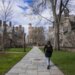 A Yale student walks through campus.