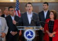 Representative Kevin Kiley (R-CA) speaks during a press conference about high speed rail, in Los Angeles
