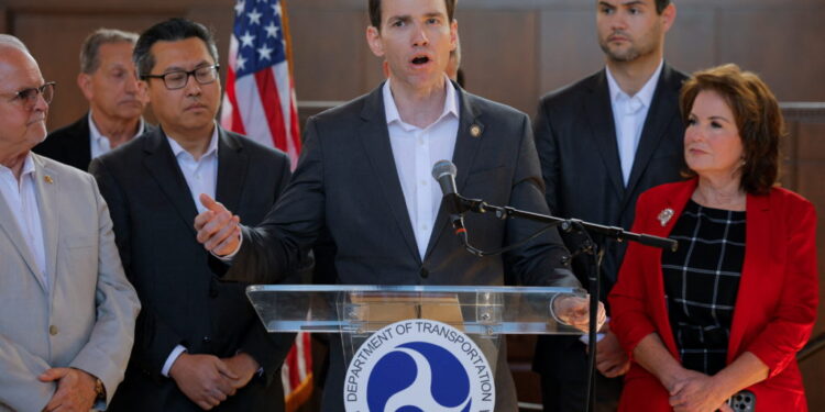 Representative Kevin Kiley (R-CA) speaks during a press conference about high speed rail, in Los Angeles