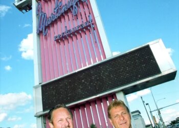 Brothers Ray and John Lazzara outside the Drury Lane-Martinique, showing off recent improvements to the theater in Evergreen Park on Sept. 15, 2000. (Gerald West/Chicago Tribune)
