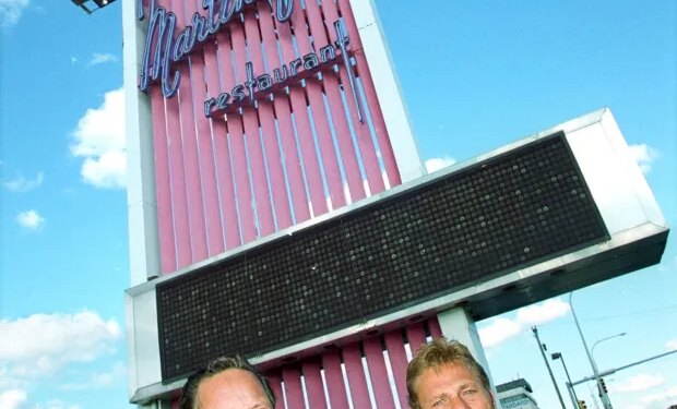 Brothers Ray and John Lazzara outside the Drury Lane-Martinique, showing off recent improvements to the theater in Evergreen Park on Sept. 15, 2000. (Gerald West/Chicago Tribune)