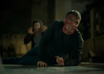 The Night Agent. (L to R) Michaela Watkins as Freya, Gabriel Basso as Peter Sutherland in episode 310 of The Night Agent. Cr. Christopher Saunders/Netflix © 2026