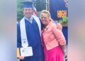 Aidan Dorgan in graduation cap and gown posing with his mother, Rhonda Dorgan, in a family photo.
