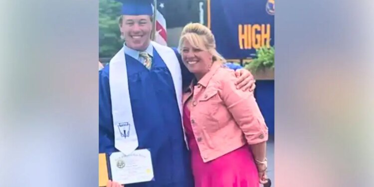 Aidan Dorgan in graduation cap and gown posing with his mother, Rhonda Dorgan, in a family photo.
