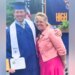 Aidan Dorgan in graduation cap and gown posing with his mother, Rhonda Dorgan, in a family photo.