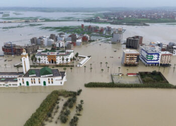 A drone view of a flooded area in Ksar El Kebir