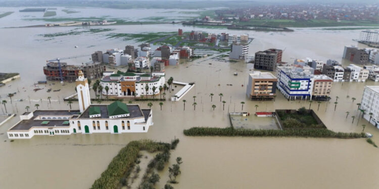 A drone view of a flooded area in Ksar El Kebir