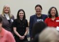 State Rep. Stephanie Kifowit, from left, state Rep. Margaret Croke, state Sen. Karina Villa and Lake County Treasurer Holly Kim gather for pictures following a Democratic comptroller candidate forum at the Des Plaines Public Library on Feb. 6, 2026. (John J. Kim/Chicago Tribune)