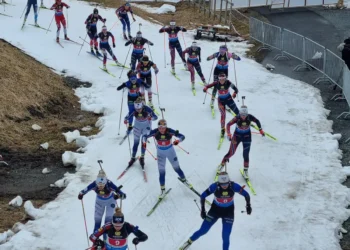 Several biathletes ski on a narrow strip of snow that has grass and mud on either side of it.