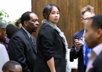 Harvey, Ill., Aldermen Tracy Key, 4th, left, and Colby Chapman, 2nd, center, attend a meeting of the Harvey city council on Feb. 2, 2026, held to determine a path forward after the death of Mayor Christopher J. Clark. (Terrence Antonio James/Chicago Tribune)