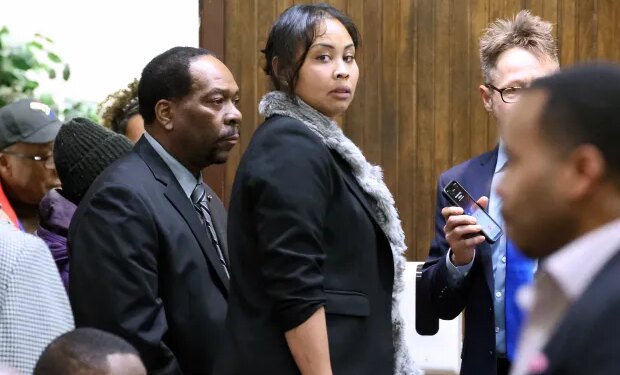 Harvey, Ill., Aldermen Tracy Key, 4th, left, and Colby Chapman, 2nd, center, attend a meeting of the Harvey city council on Feb. 2, 2026, held to determine a path forward after the death of Mayor Christopher J. Clark. (Terrence Antonio James/Chicago Tribune)