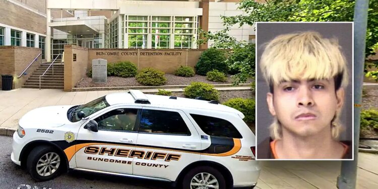 An inset of Juarez-Talamantes' mug shot over a picture of the Buncombe County Detention Center