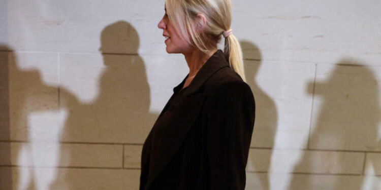 U.S. Attorney General Pam Bondi arrives to brief members of Congress on the situation in Venezuela, on Capitol Hill in Was...