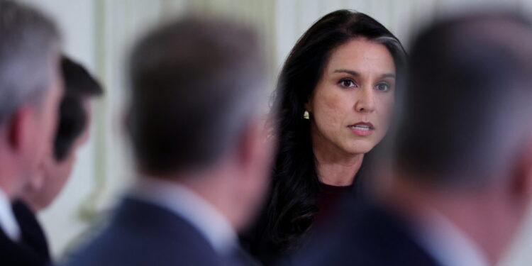 U.S. Director of National Intelligence (DNI) Tulsi Gabbard speaks at the White House in Washington