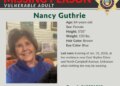 This image provided by the Pima County Sheriff's Department shows a missing person alert for Nancy Guthrie. (Pima County Sheriff's Department via AP)