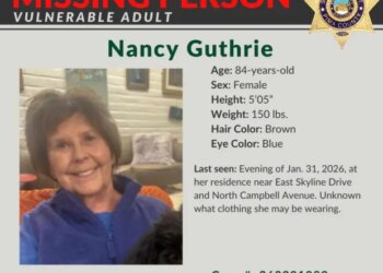 This image provided by the Pima County Sheriff's Department shows a missing person alert for Nancy Guthrie. (Pima County Sheriff's Department via AP)