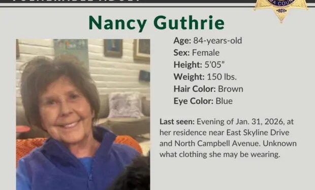 This image provided by the Pima County Sheriff's Department shows a missing person alert for Nancy Guthrie. (Pima County Sheriff's Department via AP)