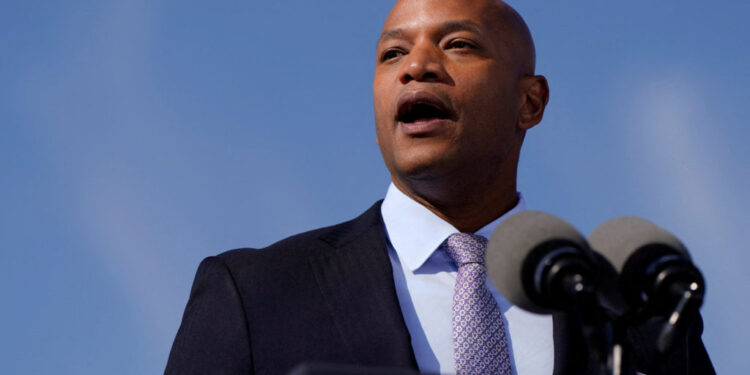 FILE PHOTO: Maryland governor Wes Moore speaks on the day U.S. President Joe Biden visits to Dundalk Marine Terminal in Ba...